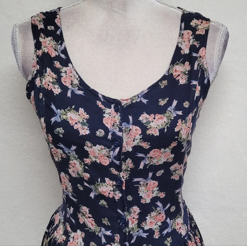 1970s Vintage Sita Blue Pink Floral Scoop Neck Tie-Waist Fit & Flare Midi Dress - Picture 3 of 12